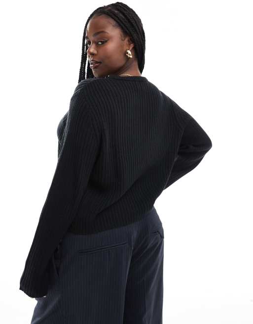 ☆ ☆ Here Black Cotton Contour Ribbed Crewneck S ASOS DESIGN Curve ribbed crew neck sweater in black | ASOS