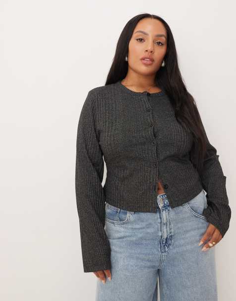 ASOS DESIGN Curve ribbed detailing long sleeve button up top in heathered charcoal - view 1