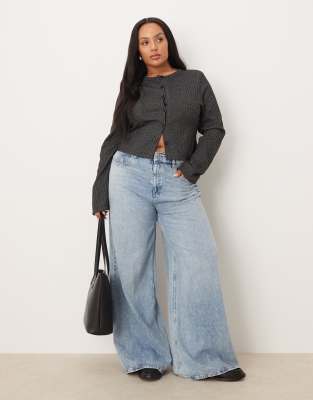 Asos Curve Asos Design Curve Ribbed Detailing Long Sleeve Button Up Top In Gray