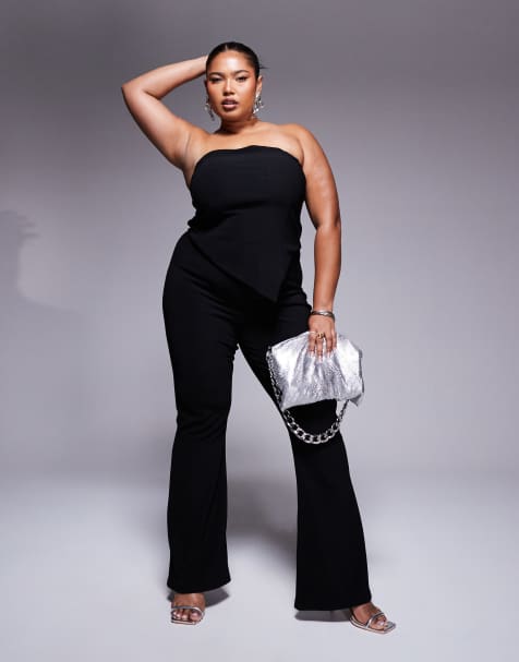 ASOS DESIGN Curve ribbed flare pants in black - part of a set - view 1