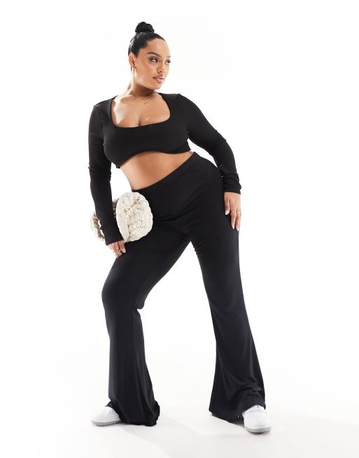 Plus Black Ribbed Flare Leg Pants