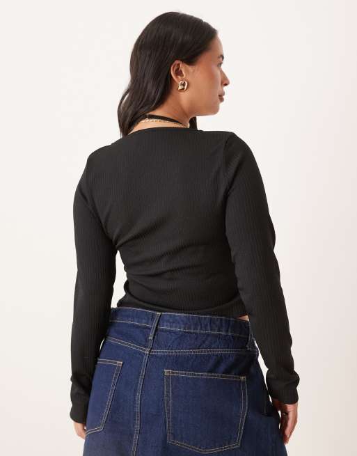 ASOS DESIGN Curve ribbed halter neck long sleeve top in black, 4 of 4