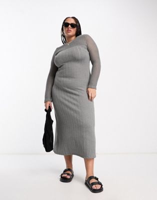 ASOS DESIGN Curve ribbed long sleeve midi dress with crochet insert in grey - ASOS Price Checker