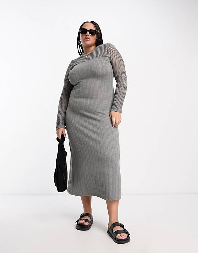 ASOS Curve - ASOS DESIGN Curve ribbed long sleeve midi dress with crochet insert in grey