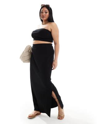 ASOS DESIGN Curve ribbed maxi skirt with side slit in black