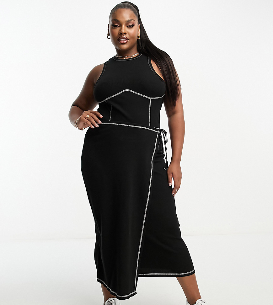 Asos Curve Asos Design Curve Ribbed Midi Dress With Wrap Skirt And Contrast Stitching In Black