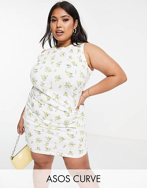  Curve ribbed mini with ruched side in white floral print 
