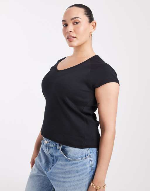 ASOS DESIGN Curve ribbed raglan V-neck baby tee in black, 2 of 4