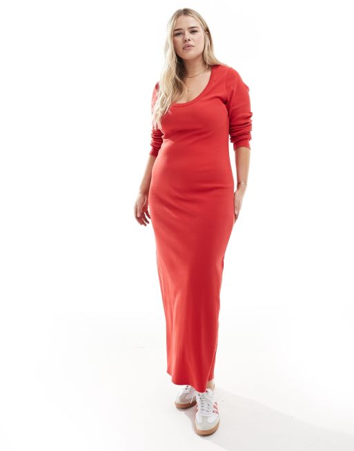 ASOS DESIGN Curve ribbed scoop neck long sleeve maxi dress in red