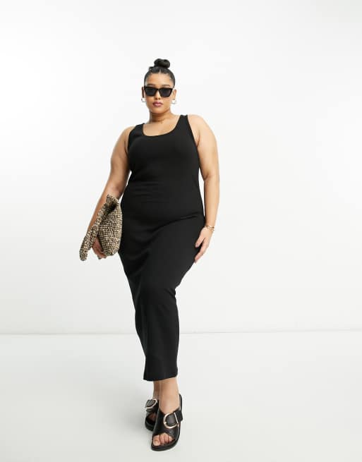 ASOS DESIGN Curve ribbed scoop neck tank midi dress in black