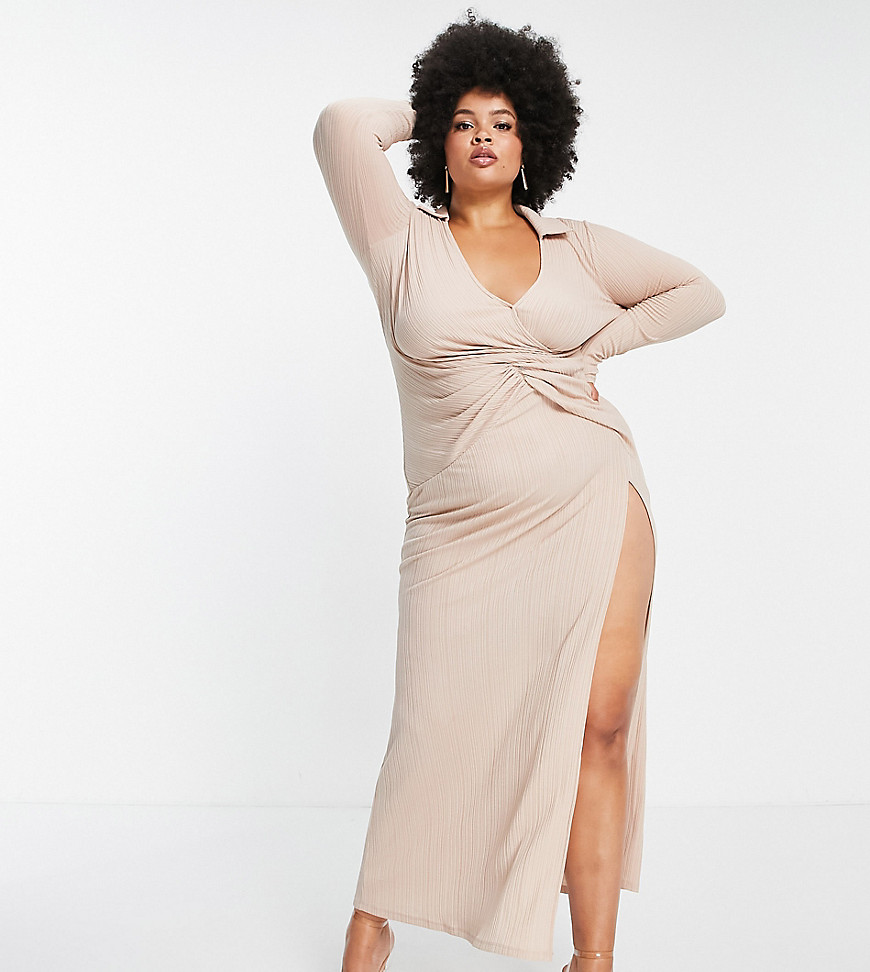 ASOS DESIGN Curve ribbed shirt twist maxi dress with high slit in stone-Neutral