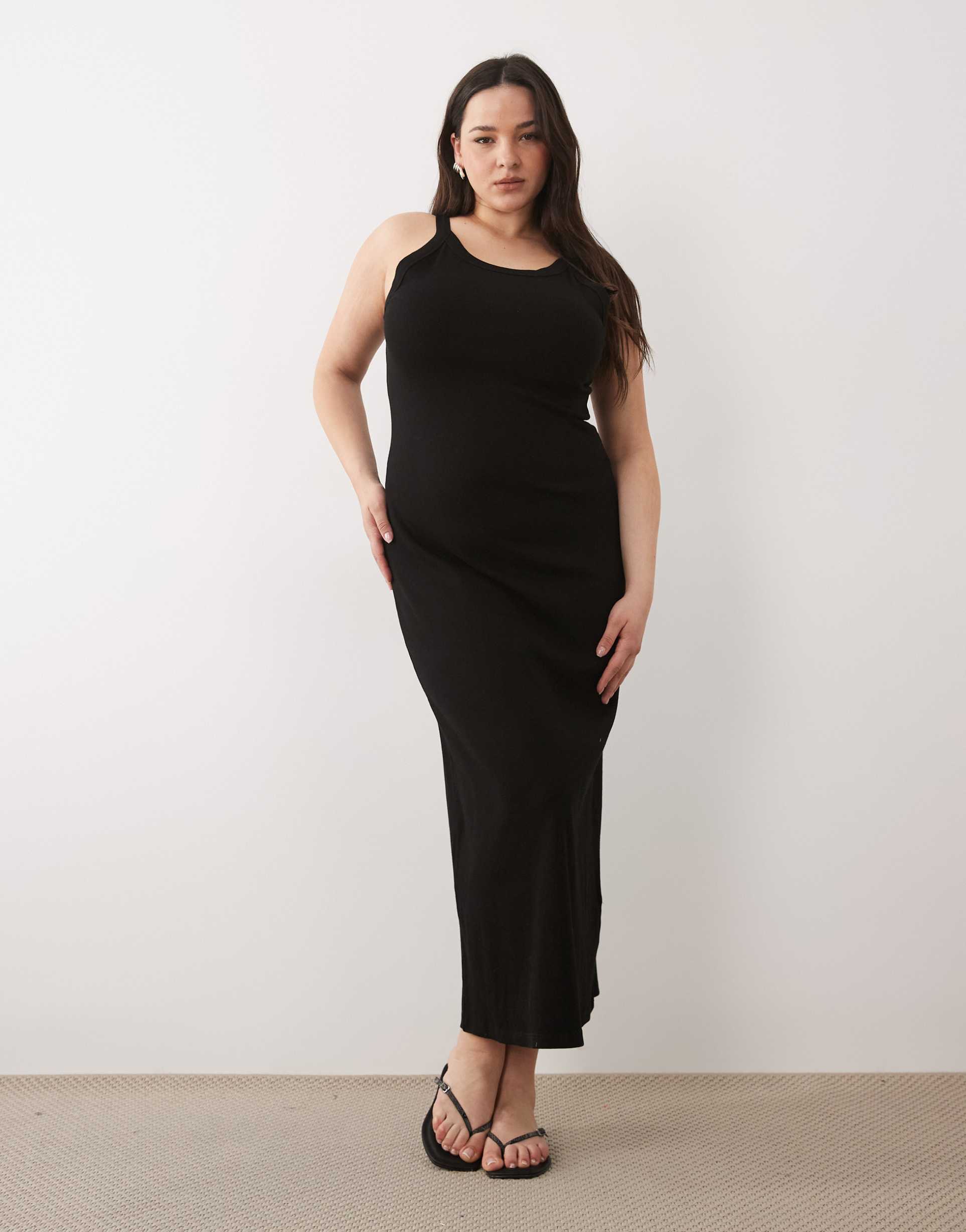asos design curve ribbed tank midi dress in black