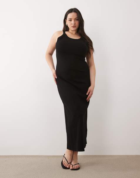 ASOS DESIGN Curve ribbed tank midi dress in black
