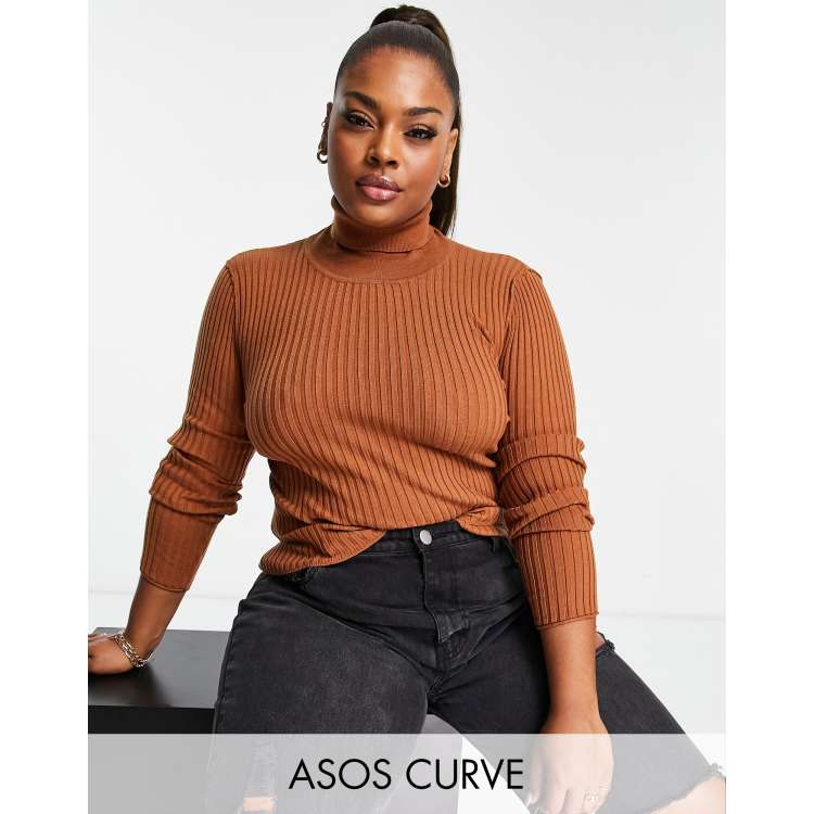 ASOS DESIGN Curve ribbed turtleneck sweater in dark green metallic