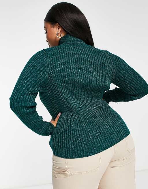 ASOS DESIGN Curve ribbed turtleneck sweater in dark green metallic yarn |  ASOS