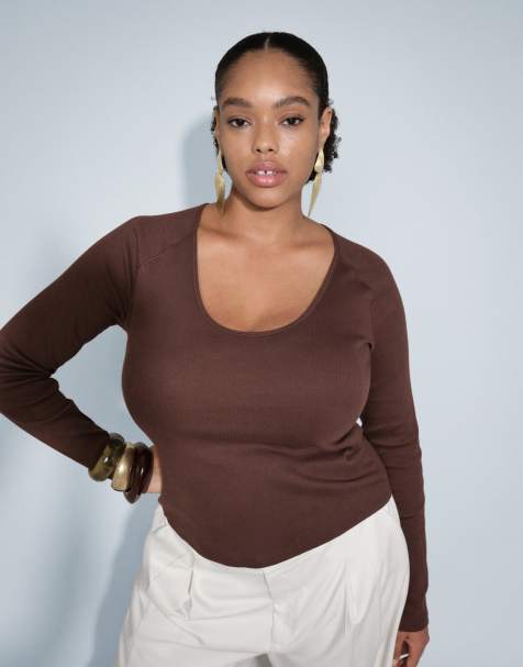 ASOS DESIGN Curve ribbed v neck long sleeve in chocolate - view 1