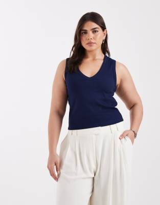 Asos Curve Asos Design Curve Ribbed V Neck Tank Top In Blue
