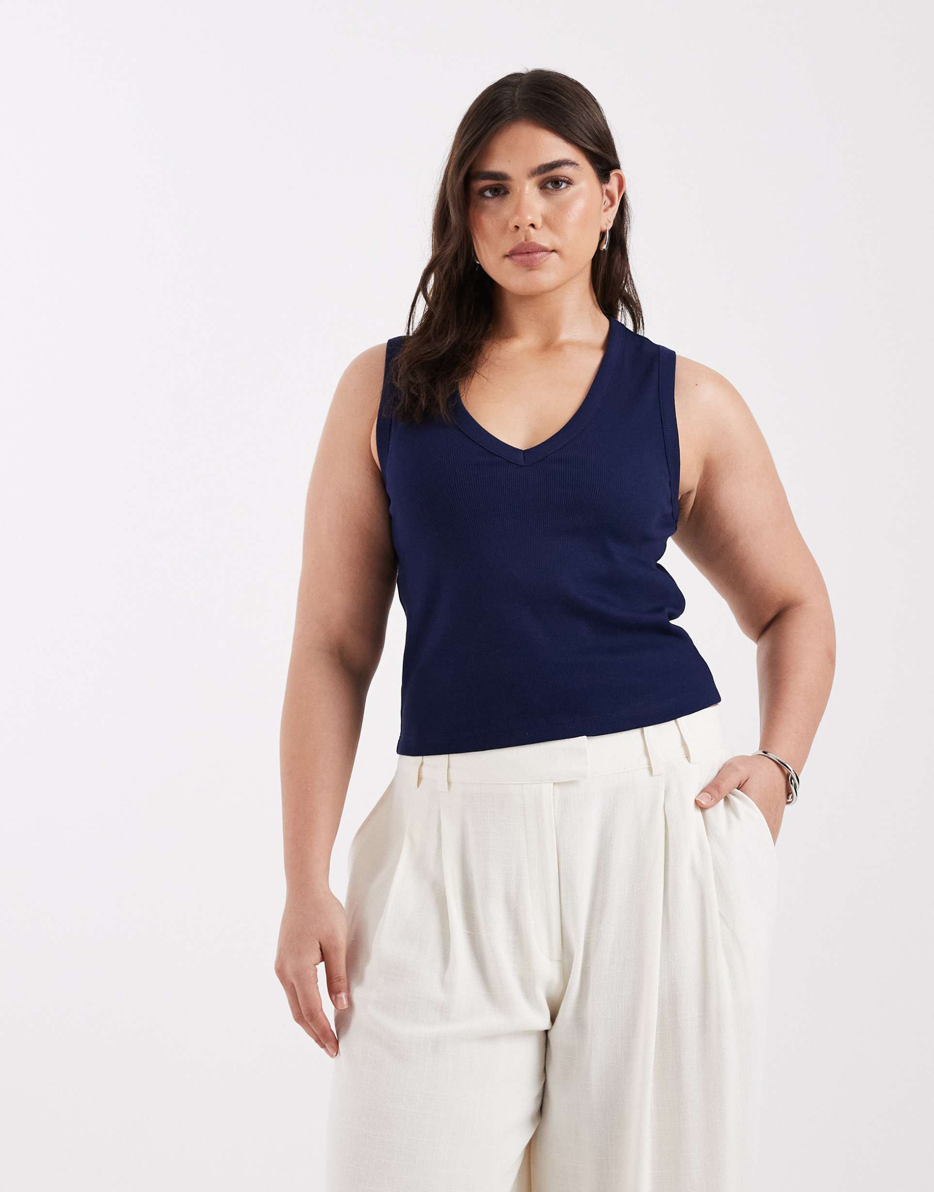 asos design curve ribbed v neck tank top in navy
