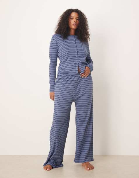 ASOS DESIGN Curve ribbed wide leg pants in navy stripe - view 1