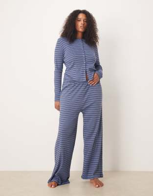 ASOS Curve ASOS DESIGN Curve ribbed wide leg trouser in navy stripe-Green