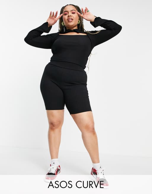 ASOS DESIGN Curve - Ribstrikkede leggingsshorts i sort - Del af sæt 