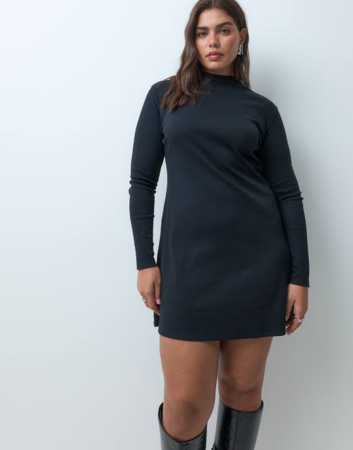 ASOS DESIGN Curve ribstrikket bomulds minikjole med bølgekant i sort, 5 af 5