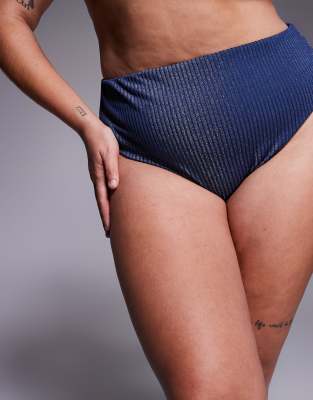 Asos Curve Asos Design Curve Riddy Azores Glitter Rib High Waist High Leg Bikini Bottom In Blue