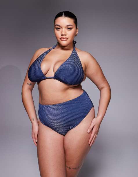 ASOS DESIGN Curve Riddy Azores glitter rib knit high waist high leg bikini bottoms in slate blue - view 1