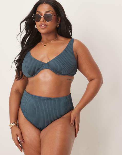 ASOS DESIGN Curve – Riddy – Gerippte Bikinihose in Schieferblau mit hohem Beinausschnitt und hohem Bund - view 1