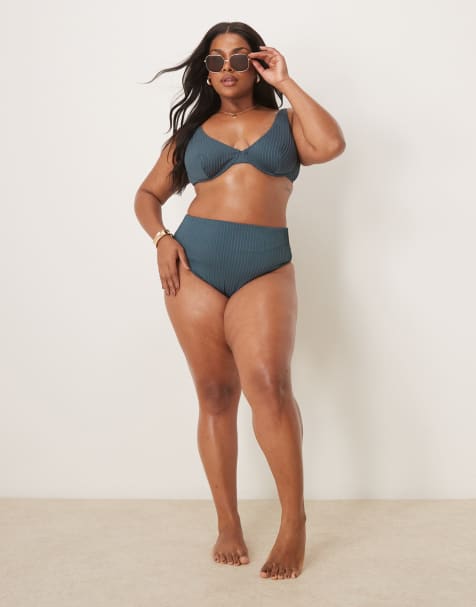 ASOS DESIGN Curve – Riddy – Gråblå, ribbad bikini - view 1