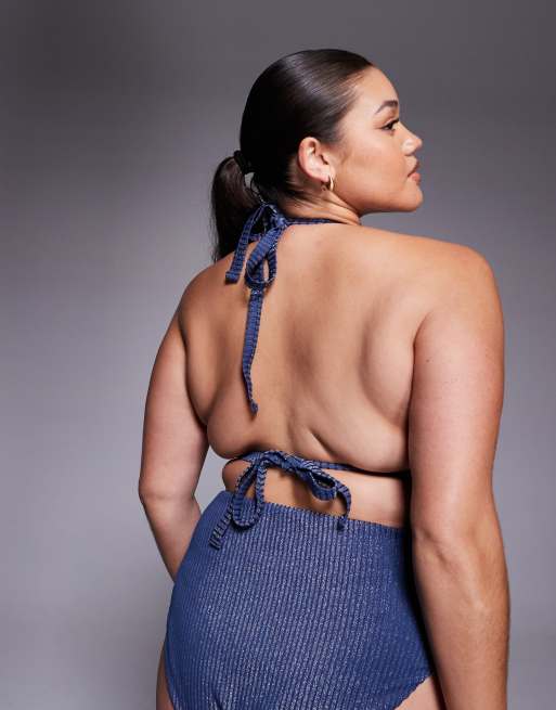 ASOS DESIGN - Curve - Riddy Laguna - Geribbelde glitter bikinitop met striksluiting in leisteenblauw, 2 van 4