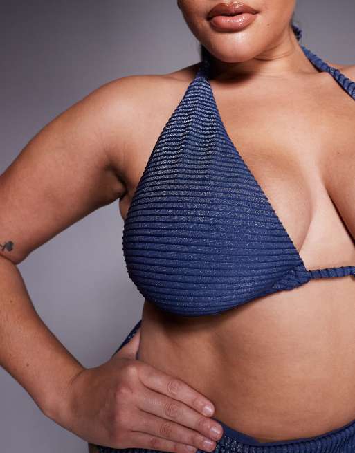 ASOS DESIGN Curve Riddy Laguna glitter rib high apex tie front bikini top in slate blue, 3 of 4