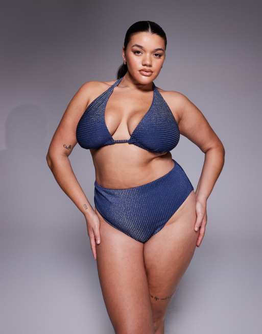 ASOS DESIGN Curve Riddy Laguna glitter rib high apex tie front bikini top in slate blue, 4 of 4
