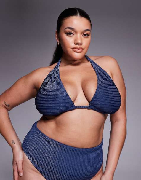ASOS DESIGN Curve - Riddy Laguna - Skiferblå ribstrikket bikinitop med longline-skåle, bindebånd foran og glimmer - view 1