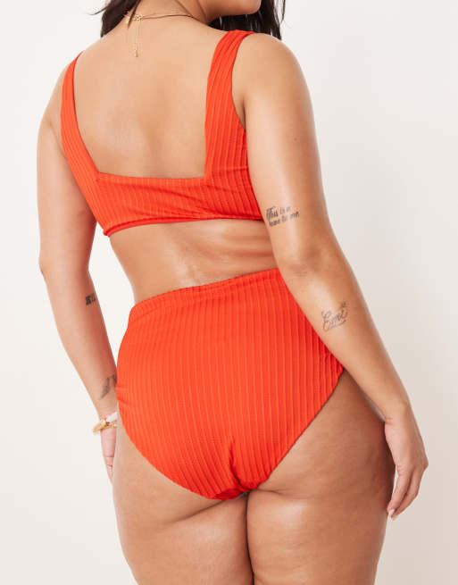 ASOS DESIGN Curve Riddy rib high leg high waist bikini bottoms in red, 3 of 4