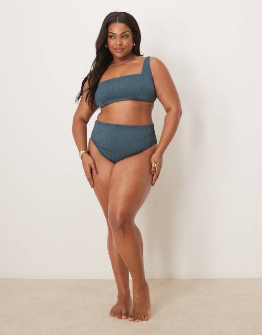 ASOS DESIGN Curve Riddy ribbed crop bikini top in slate blue, 2 of 4