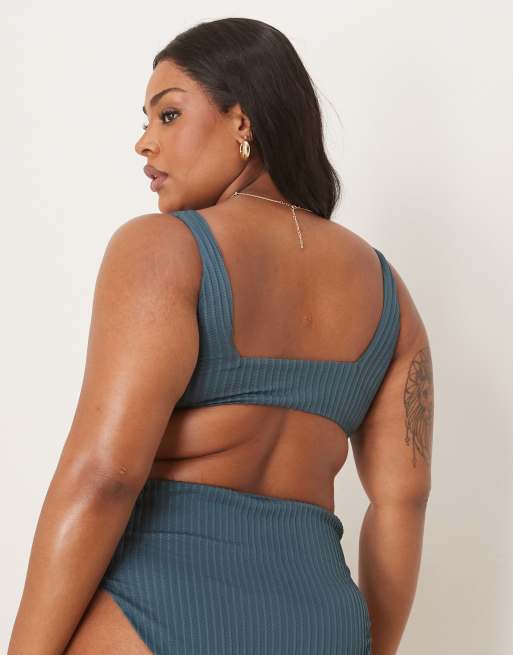 ASOS DESIGN Curve Riddy ribbed crop bikini top in slate blue, 4 of 4