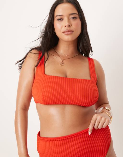ASOS DESIGN Curve – Riddy – Röd, ribbad bikiniöverdel i kort design, 4 av 4