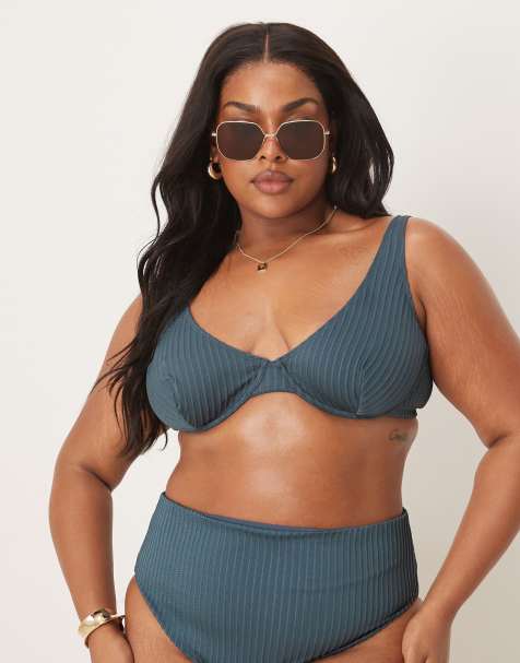 ASOS DESIGN Curve – Riddy – Szaroniebieska prążkowana góra od bikini z fiszbinami - view 1