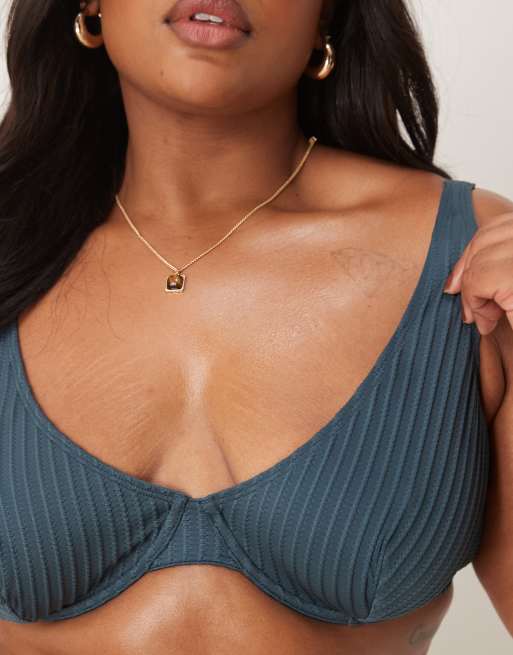 ASOS DESIGN Curve - Riddy - Top bikini con ferretto a coste blu ardesia, 2 di 4