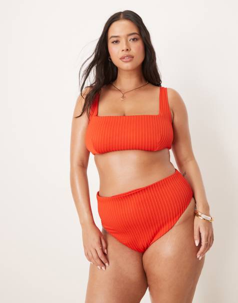 ASOS DESIGN Curve Riddy rib high leg high waist bikini bottom in red