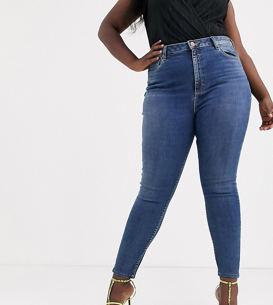 ASOS DESIGN Curve – Ridley – Blå stentvättade skinny jeans med hög midja