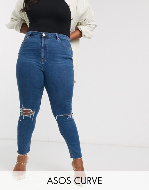 ASOS DESIGN Curve high rise ridley 'skinny' jeans in bright midwash blue with rips and raw hem