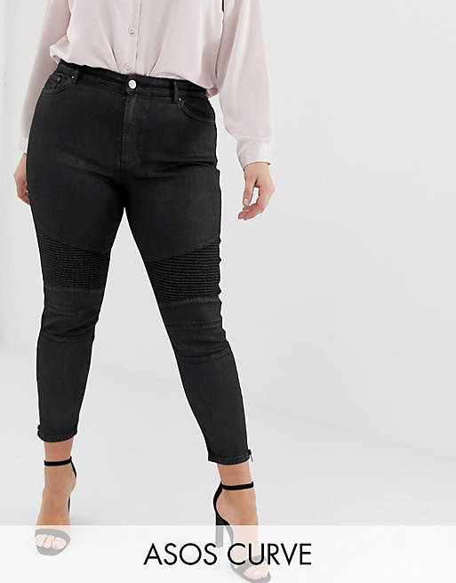 ASOS DESIGN Curve Ridley high waisted jeans in black coated with biker knee detail