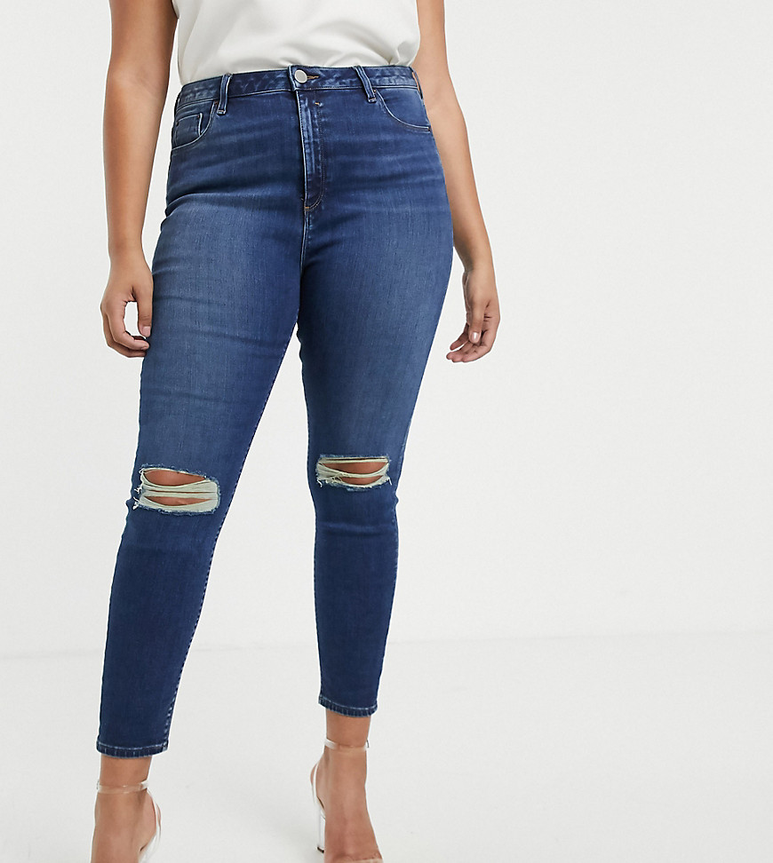 ASOS DESIGN Curve - Ridley højtaljede skinny-jeans i stenvasket mørkeblå med ødelagte knæ