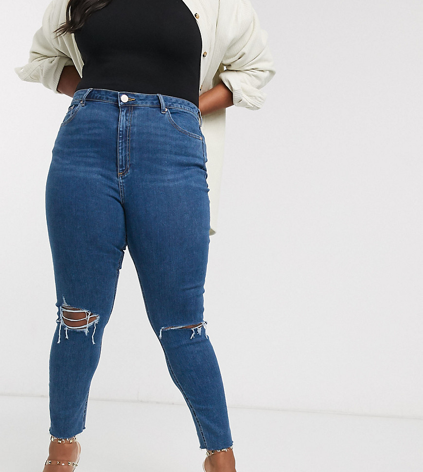 ASOS DESIGN Curve – Ridley – Mellanblå skinny jeans med hög midja, revor och rå kant vid benslut