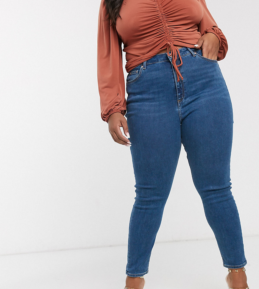 ASOS DESIGN Curve – Ridley – Mellanblå, skinny jeans med hög midja