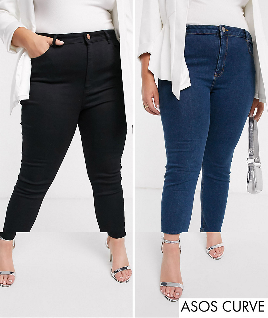 ASOS DESIGN - Curve - Ridley - Set van 2 skinny jeans met hoge taille en zwarte en mid-blauwe wassing - Bespaar 16%-Multi