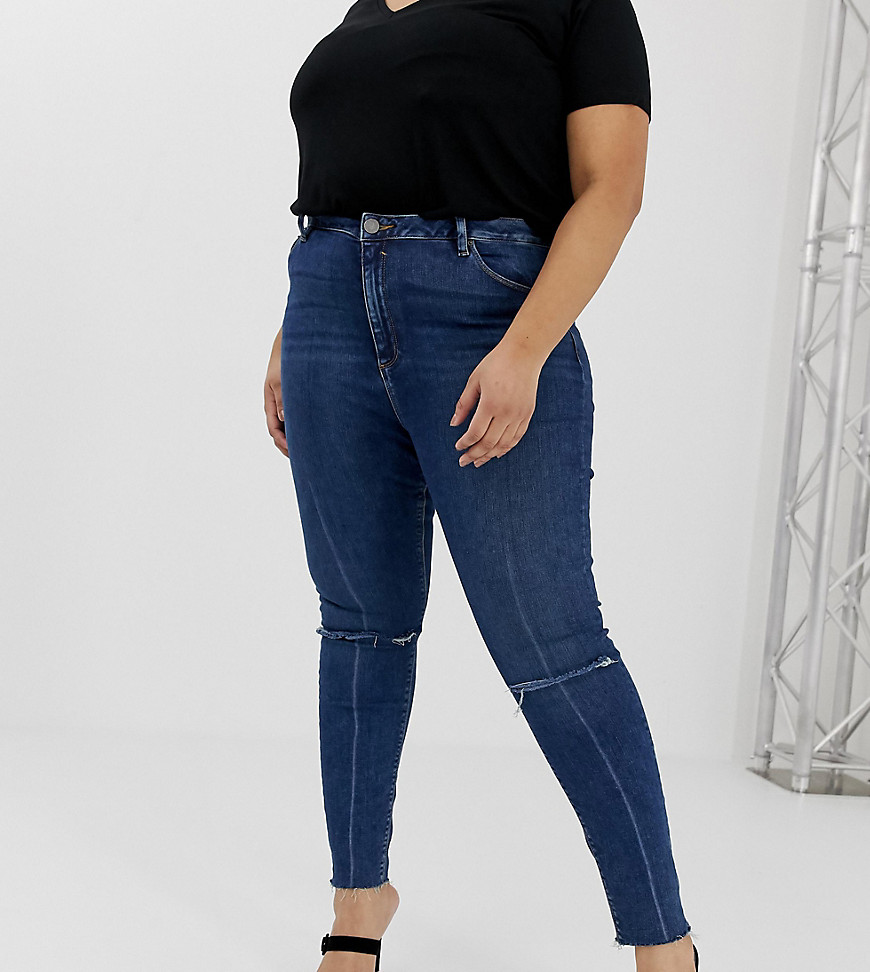 ASOS DESIGN Curve - Ridley - 'Skinny' jeans met hoge taille en gescheurde knieën in dark wash blauw
