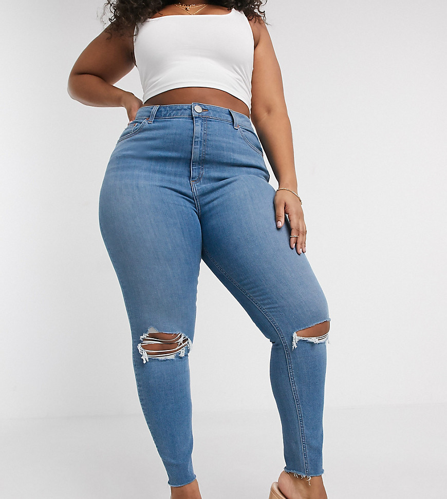 ASOS DESIGN Curve – Ridley – Slitna skinny jeans i ljusblå vintage-tvätt med hög midja och råskurna benslut